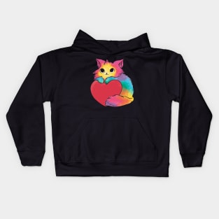 cat in watercolor rainbow colors holding a heart Kids Hoodie